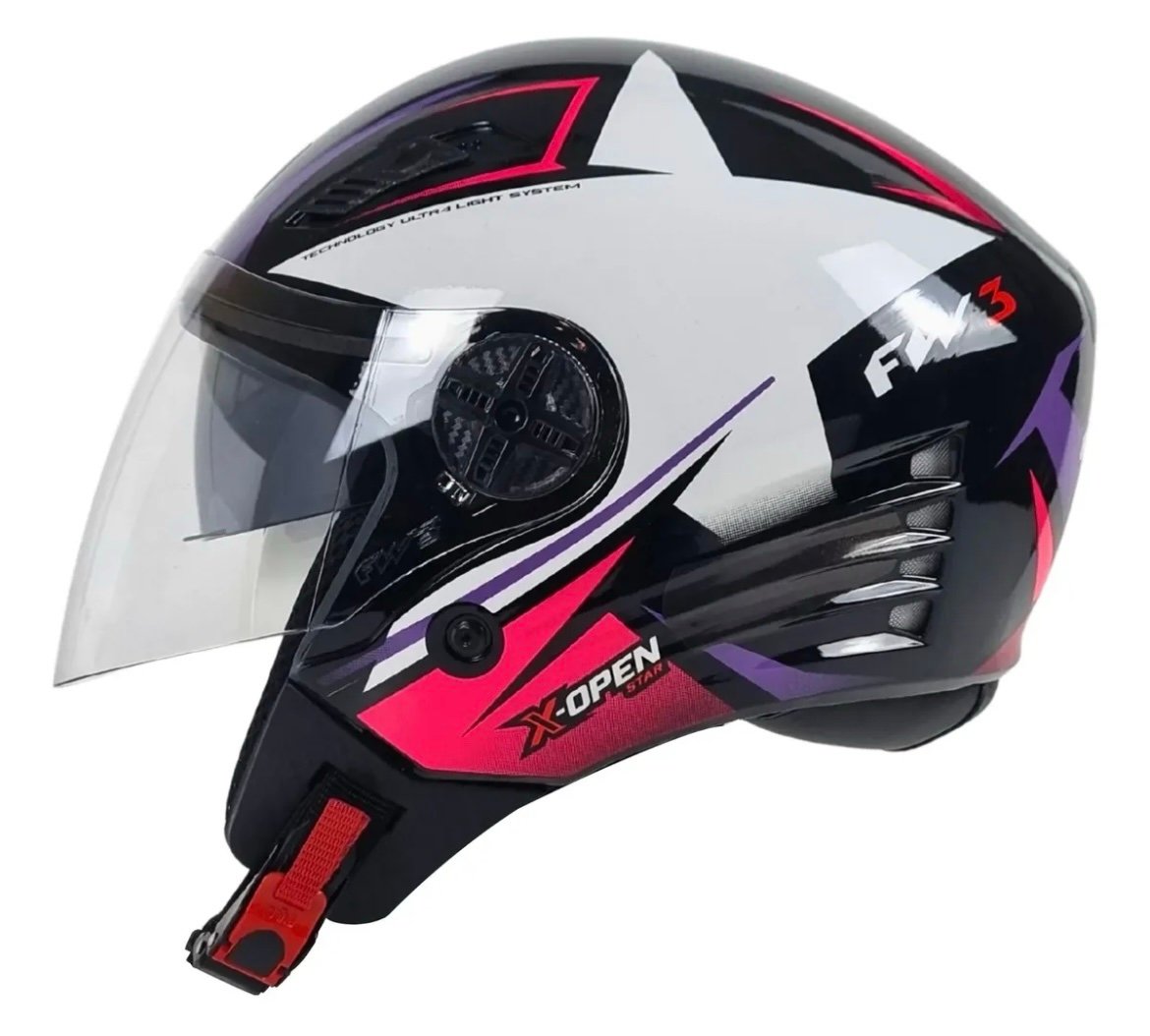 Capacete FW3 X-Open Star lilás com rosa
